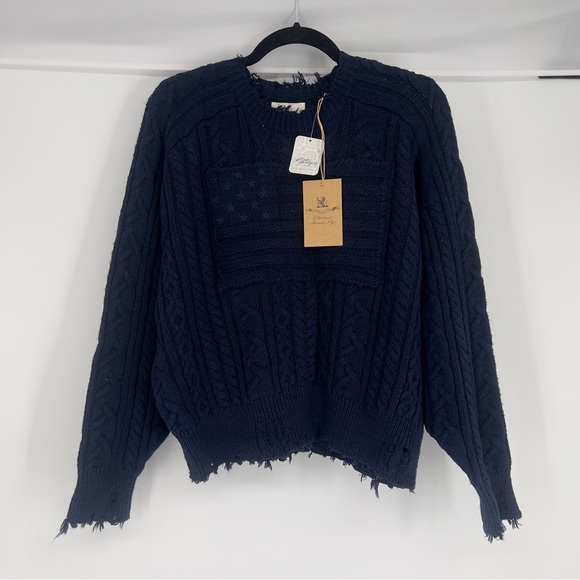 Denimist Montauk Navy Shadow Flag Knit Distressed Crew Pullover Sweater XS NWT - Picture 1 of 9